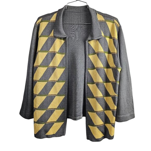 Vintage Retro Pattern Open Front Knit Gray And Yellow Metallic Cardigan Sweater - Picture 1 of 5